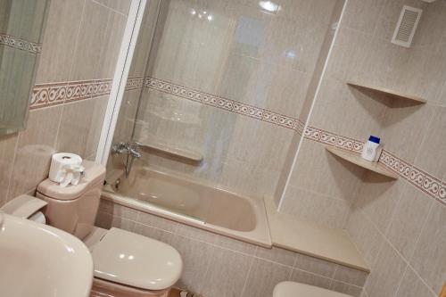 a bathroom with a toilet and a shower and a sink at Apartamentos Lorelay 3 in Peñíscola