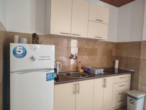 uma cozinha com um frigorífico branco e um lavatório em Apartment Mejdan em Mostar