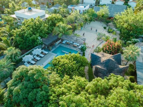 an aerial view of a resort with a pool and trees at La Cozinha Bungalow in Barra Grande