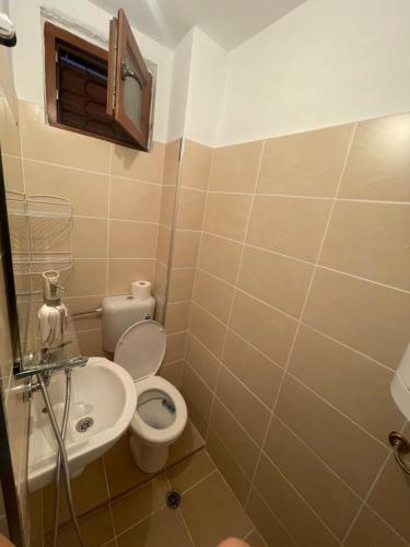 La salle de bains est pourvue de toilettes et d'un lavabo. dans l'établissement Къща за гости Димови, à Sozopol