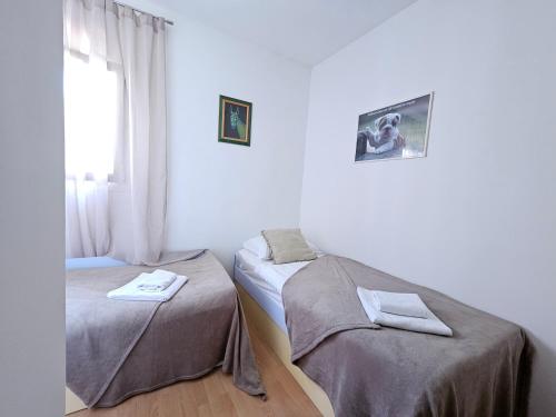 2 camas en una habitación blanca con ventana en Apartman MR, en Žaborić