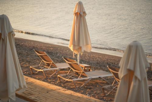 a group of chairs and umbrellas on a beach at Datça Dirik Surf Beach Hotel in Datca