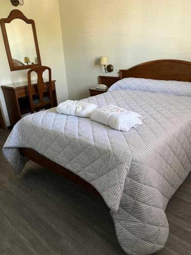 a bedroom with a bed and a desk and a mirror at Hotel Catedral in Luján