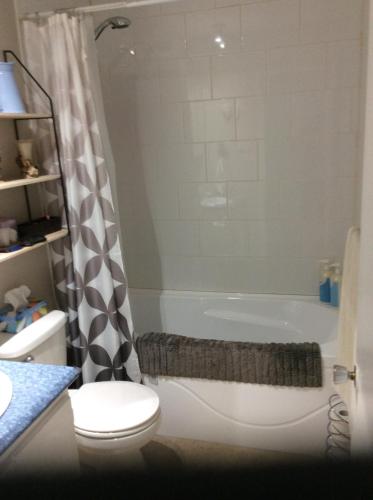 La salle de bains est pourvue d'une baignoire, de toilettes et d'un lavabo. dans l'établissement Chambre confortable, à Sherbrooke