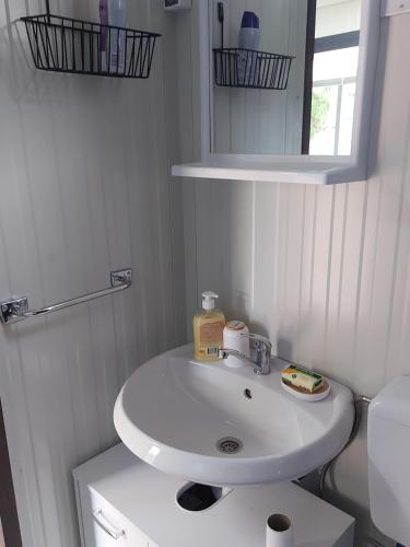 bagno bianco con lavandino e specchio di Mobile Home Marta a Senj
