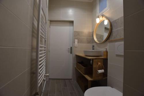 une salle de bain avec toilettes, lavabo et miroir dans l'établissement Le Nid des Voyageurs, à Nantes