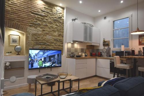 Il dispose d'une cuisine et d'un salon avec une télévision et un canapé. dans l'établissement Le Nid des Voyageurs, à Nantes