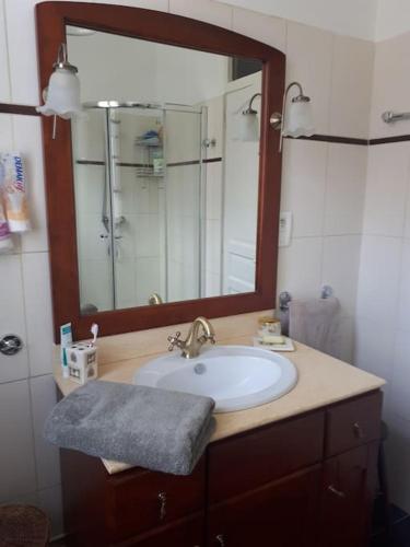 une salle de bain avec un lavabo et un grand miroir dans l'établissement La maison de Nestalas, à Pierrefitte-Nestalas