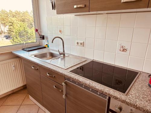 a kitchen with a sink and a counter top at Apartment mit Balkon und Aussicht in Dessau