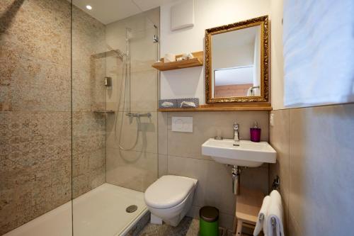 a bathroom with a toilet and a sink and a shower at Hotel Waldhaus in Bettmeralp