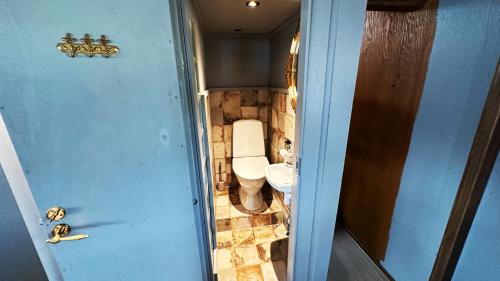 La petite salle de bains est pourvue de toilettes et d'un lavabo. dans l'établissement Houseboat Crescendo, a Floating Experience, à Oulu