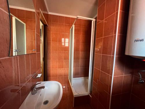 een badkamer met een wastafel en een douche bij Casa Roland in Sovata