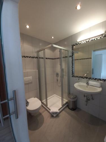 a bathroom with a shower and a toilet and a sink at Ferienwohnung CASADA im Hotel Casada in Galtür