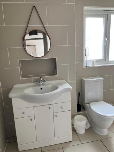 a bathroom with a sink and a toilet and a mirror at Home in Buckland Brewer near Bideford in Bideford