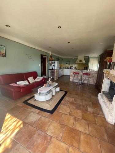 - un salon avec un canapé rouge et une cheminée dans l'établissement Maison de campagne en Provence, à Barbentane