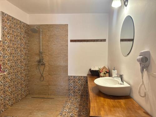 a bathroom with a sink and a shower at Casa de Vacanta Potoc in Potoc