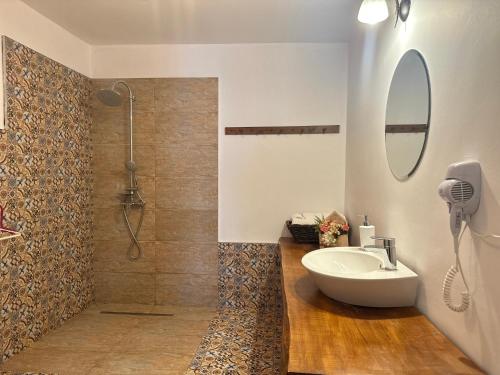 La salle de bains est pourvue d'un lavabo et d'une douche. dans l'établissement Casa de Vacanta Potoc, à Potoc