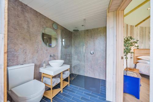 een badkamer met een toilet, een wastafel en een douche bij The Roundhouses in Alnwick