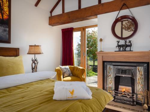 a bedroom with a bed and a fireplace at The Eagle's Nest in Boat of Garten
