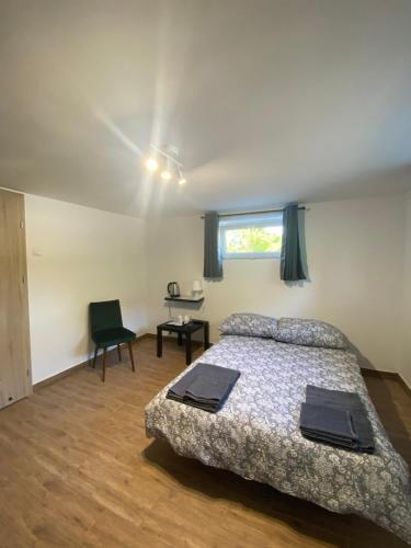 a bedroom with a bed and a desk and a window at Pokoje Green House in Ustroń