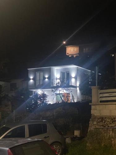 a house with a car parked in front of it at night at Edelweiss Villa Trpejca in Ohrid
