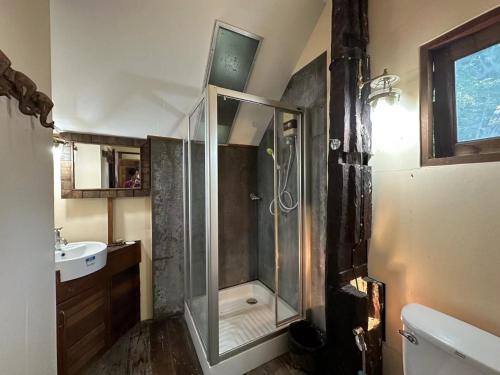 a bathroom with a shower and a sink at Dreamer Club Resort Treehouse Suspension Bridge Pool in Chiang Mai