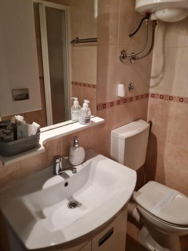 a bathroom with a sink and a toilet and a mirror at Inchy Accommodation in Split
