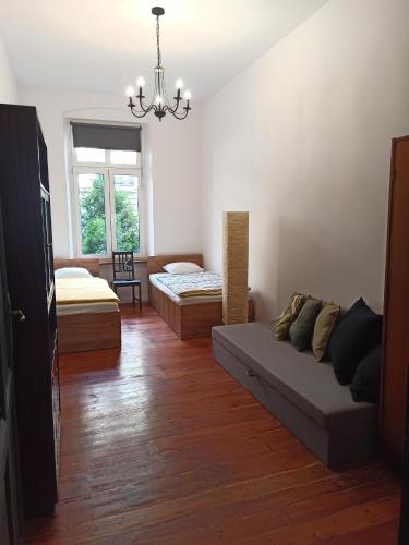 uma sala de estar com duas camas e um sofá em Apartament PAPROTKA 100m em Legnica