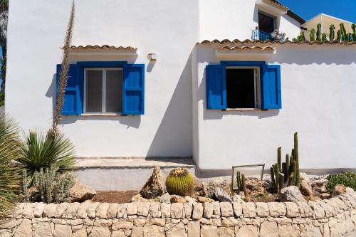 a white house with blue windows and cactus at Villa Le Charme Marin - Noto, Marzamemi, San Lorenzo in San Lorenzo