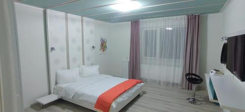 a bedroom with a bed and a television in it at Vila Zeus in Cristian