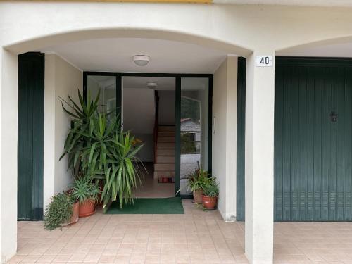 une porte d'entrée d'une maison avec des plantes en pot dans l'établissement Mountain Living Apartment Asiago, à Lusiana