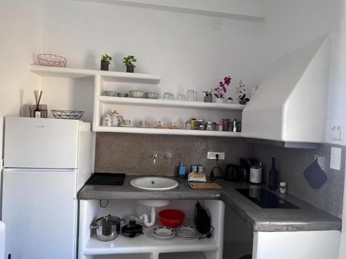 a small kitchen with a sink and a white refrigerator at suite diminutif in Adamas