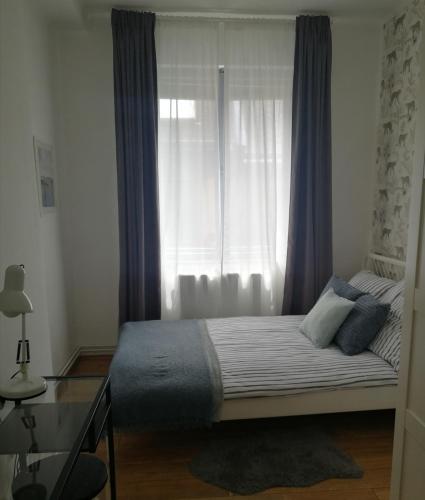a bedroom with a large bed with a window at CENTRUM11 in Pécs