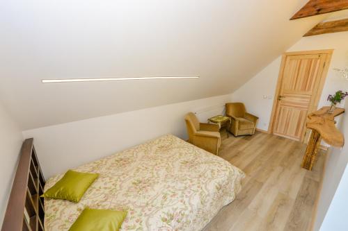 a bedroom with a bed and a guitar in it at Vivaldi Lake House in Meteliai