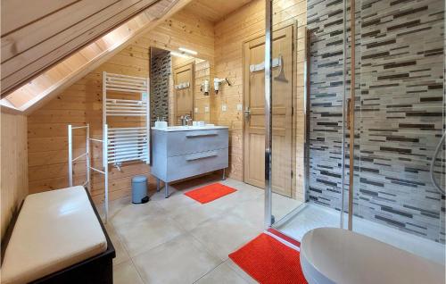 een badkamer met een douche, een wastafel en een toilet bij Nice Home In Mont-dore With Wifi in Le Mont-Dore