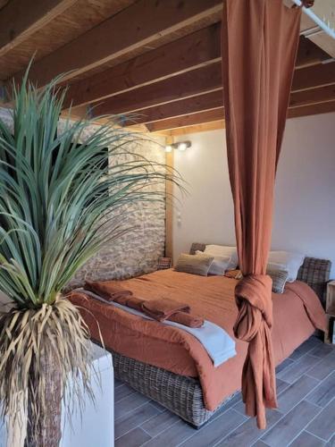 - une chambre avec un grand lit et deux plantes en pot dans l'établissement Appartement cosy & piscine privée - Le Strelitzia, à Vergèze