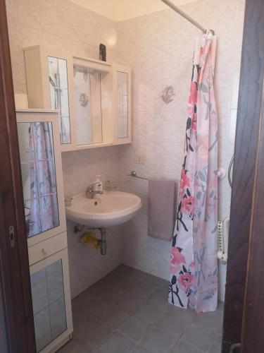 a bathroom with a sink and a shower curtain at Casa Raffaello in Castiglione dʼOrcia