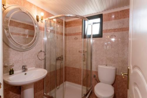 a bathroom with a toilet and a sink and a shower at Roxa seaview apartment in Agios Leon