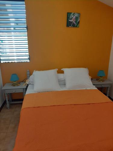 a bed in a room with an orange wall at RESIDENCE MON REFUGE in Grande Anse