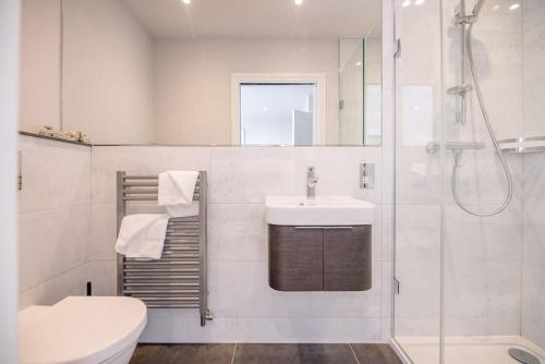 ein Badezimmer mit Toilette, Waschbecken und Dusche in der Unterkunft Trehafod, Aldeburgh in Aldeburgh