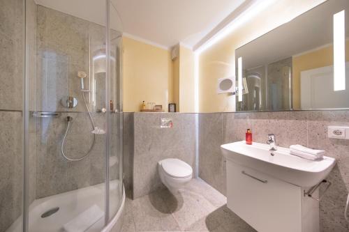 a bathroom with a shower toilet and a sink at Die LÜ - Lüttelforster Mühle in Schwalmtal