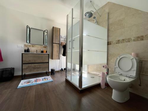 une salle de bain avec toilettes et douche en verre dans l'établissement Logement pour 6 personnes 800 m des plages, à Saint-Pabu