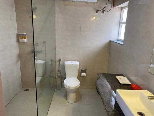 a bathroom with a shower and a toilet and a sink at Charming 2 Bedroom Rustic Villa with Garden in Lansdowne