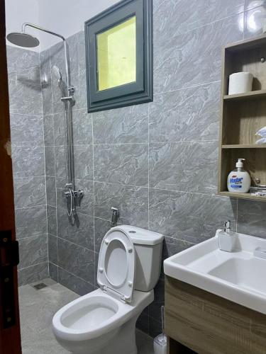 a bathroom with a toilet and a sink and a mirror at Reema B&B in Dakar