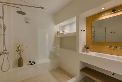 a bathroom with a shower and a sink and a mirror at Villa Lavanta - Iris sunset villas in Lépedha