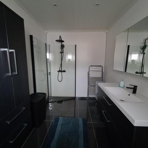 a bathroom with a sink and a mirror and a shower at Koselig hus med hage i Herøy på Sunnmøre. in Røyra