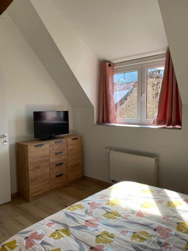 Un dormitorio con una cama y un televisor y una ventana. en L'Harmonie de Wavre, en Wavre