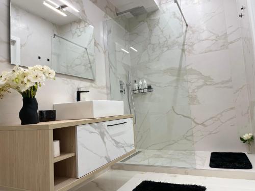 a bathroom with a shower with a sink and a mirror at CasaKadd002LuxuryHeated Pool Garden Patio Barbeque in Civé