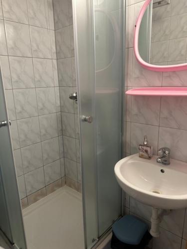 een badkamer met een douche en een wastafel bij Pokoje gościnne u Zofii in Bukowina Tatrzańska