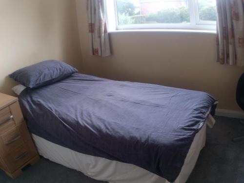 a bedroom with a bed with a blue comforter and a window at Fifty-five in Bristol